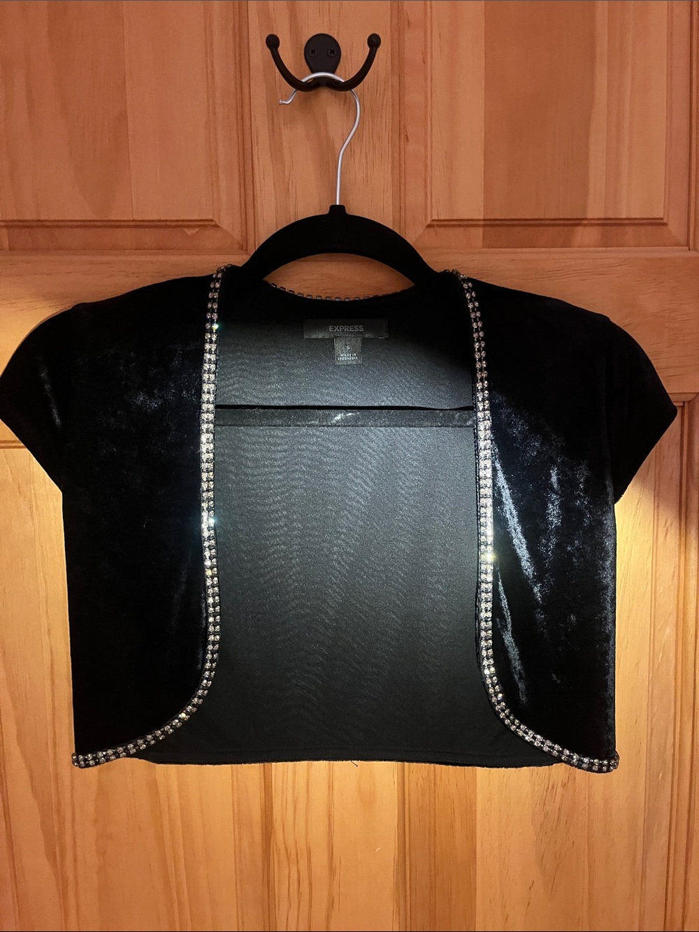 Stunning Express Black Velvet Cropped Bolero with Rhinestone Trim